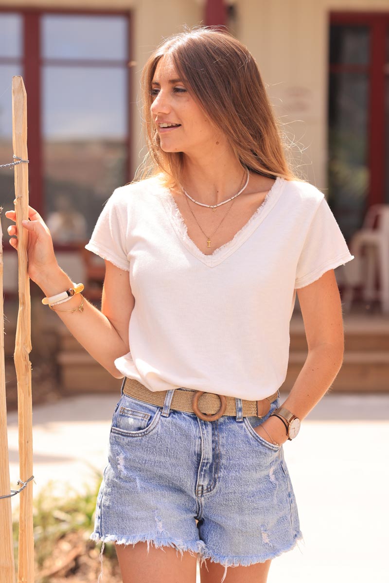 Ecru Stretch Cotton Tee with Raw Hems