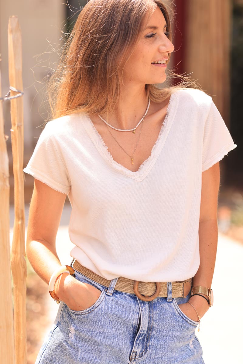 Ecru Stretch Cotton Tee with Raw Hems