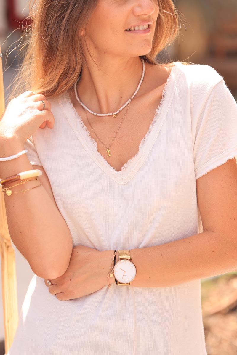Ecru Stretch Cotton Tee with Raw Hems