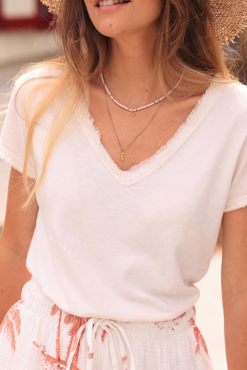 Ecru Stretch Cotton Tee with Raw Hems