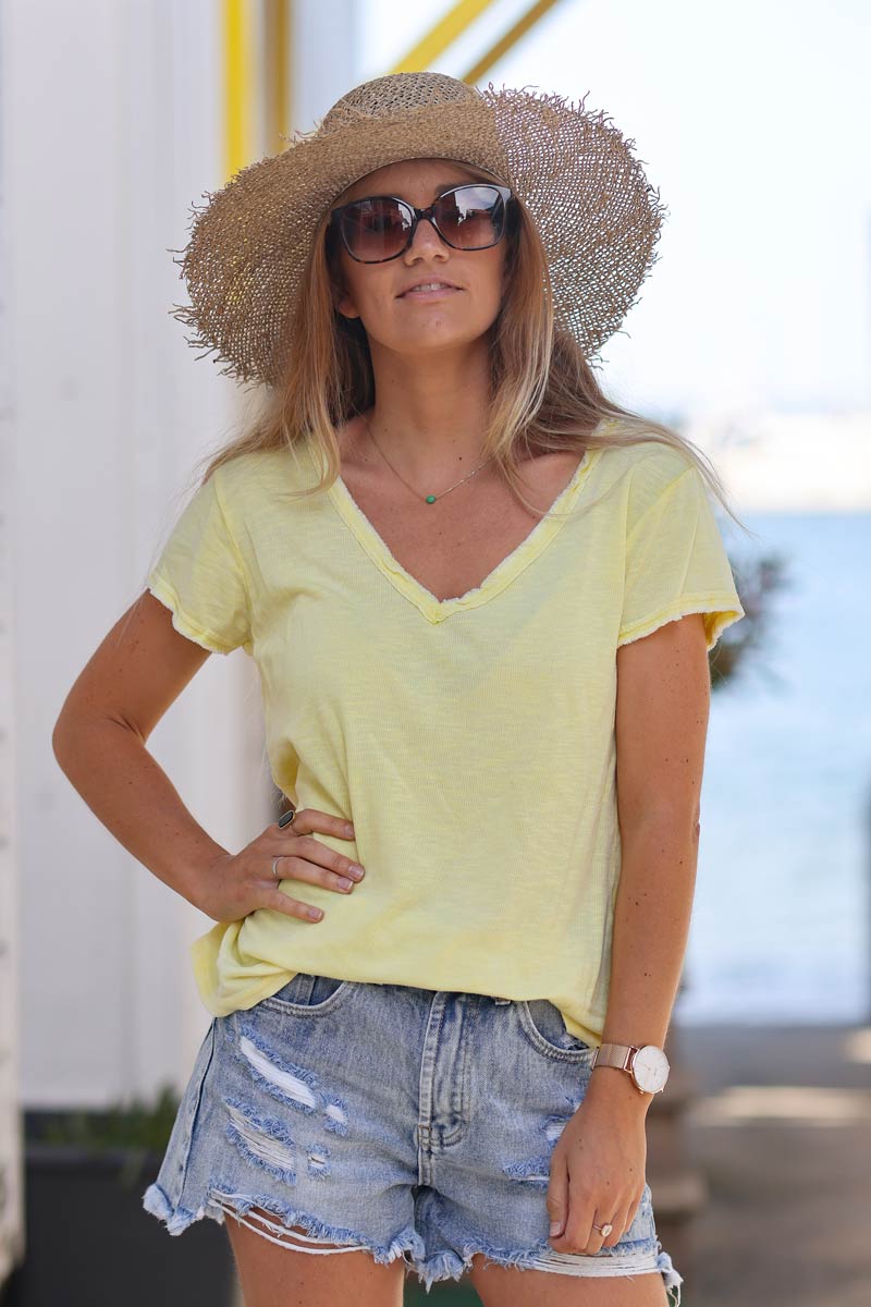 Tshirt coton stretch jaune finitions petites franges