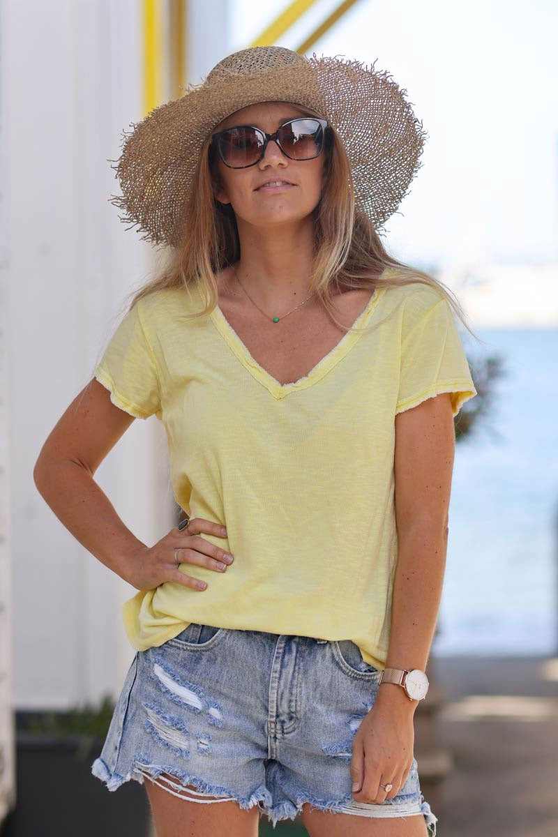 Yellow Stretch Cotton T-Shirt with Raw Hems