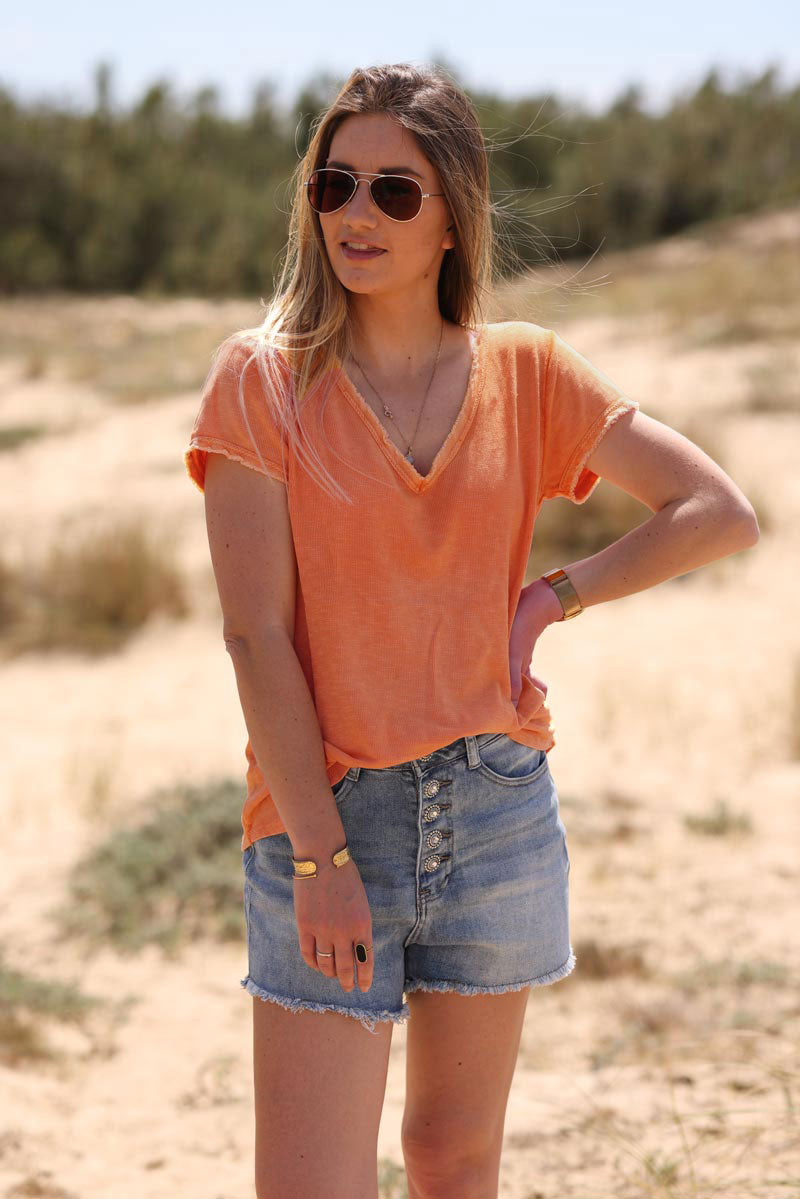 T-shirt coton stretch orange délavé finitions petites franges