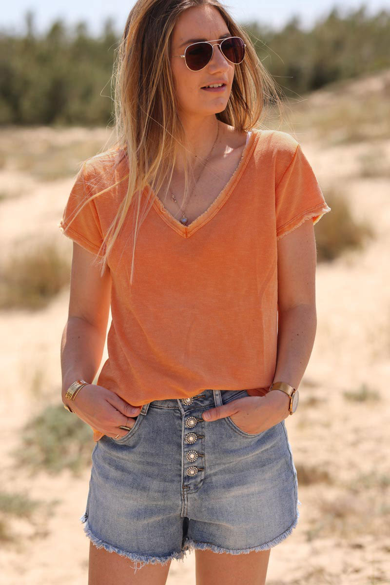 T-shirt coton stretch orange délavé finitions petites franges