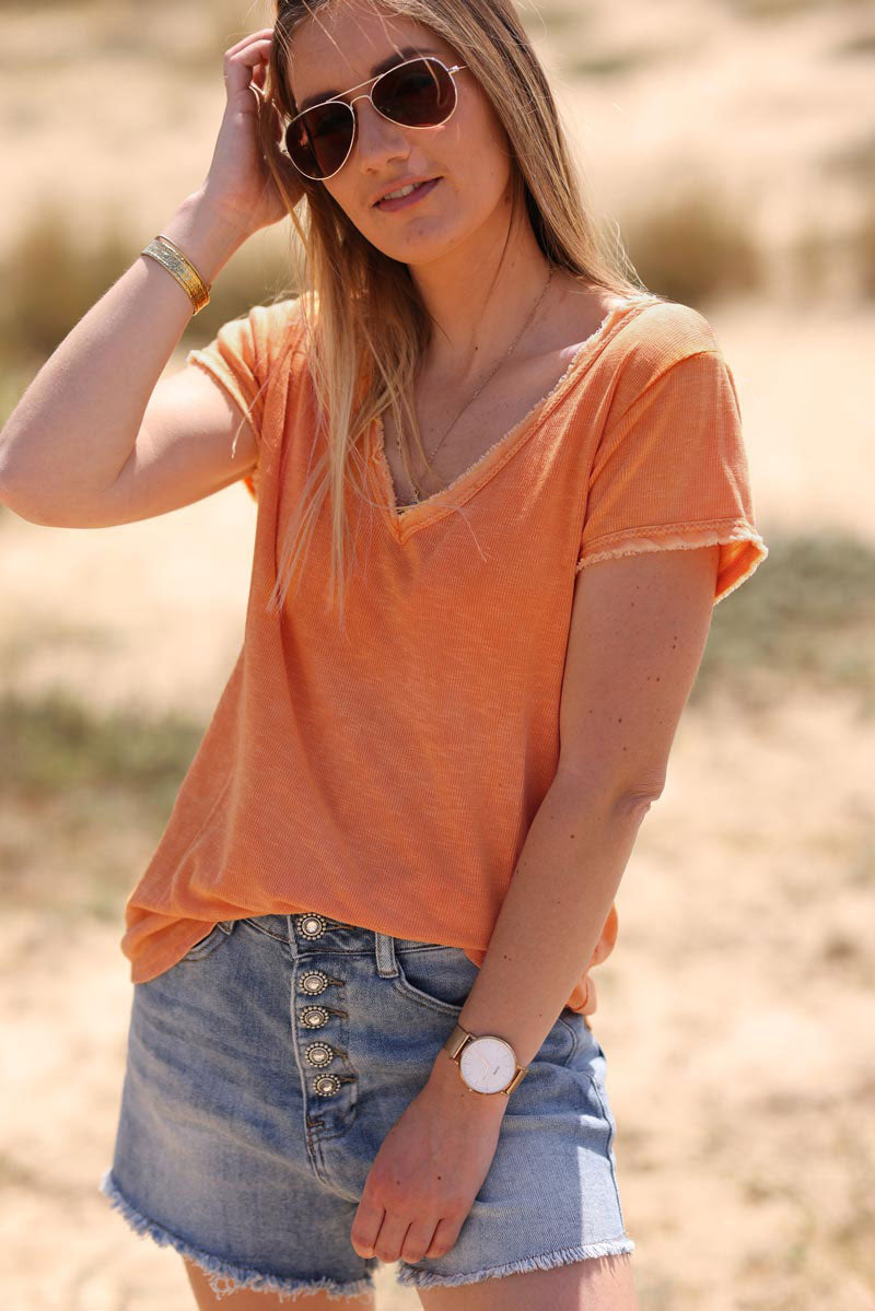 T-shirt coton stretch orange délavé finitions petites franges