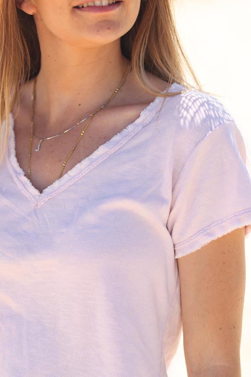 Tshirt coton stretch rose poudré finitions petites franges