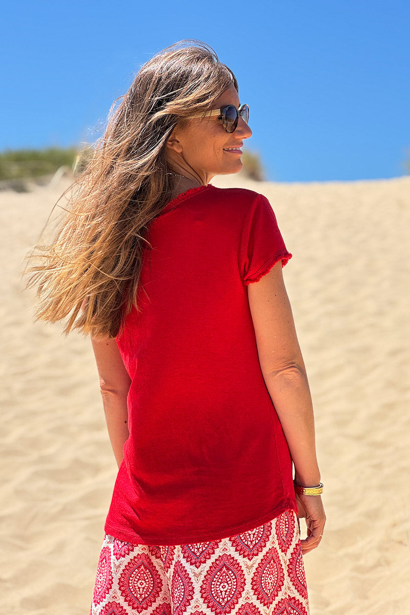 Red Stretch Cotton Tee with Raw Hems