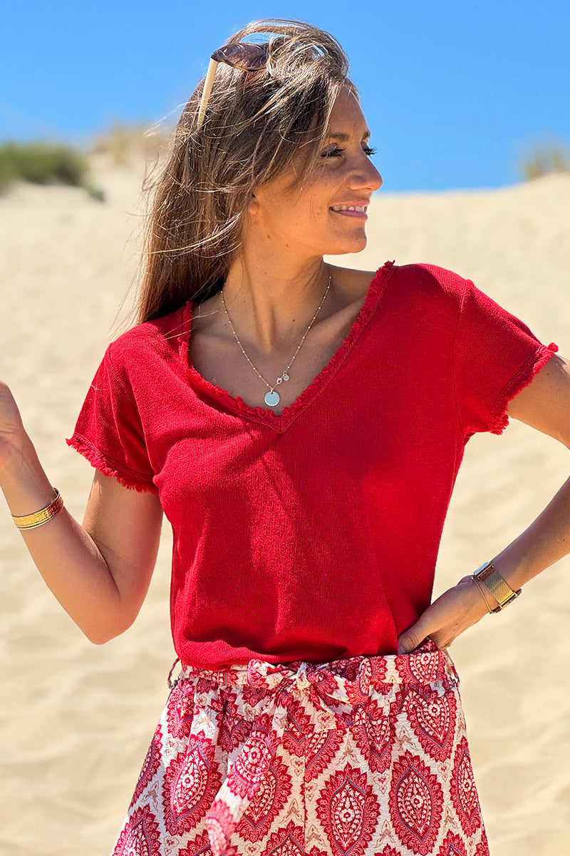 Red Stretch Cotton Tee with Raw Hems