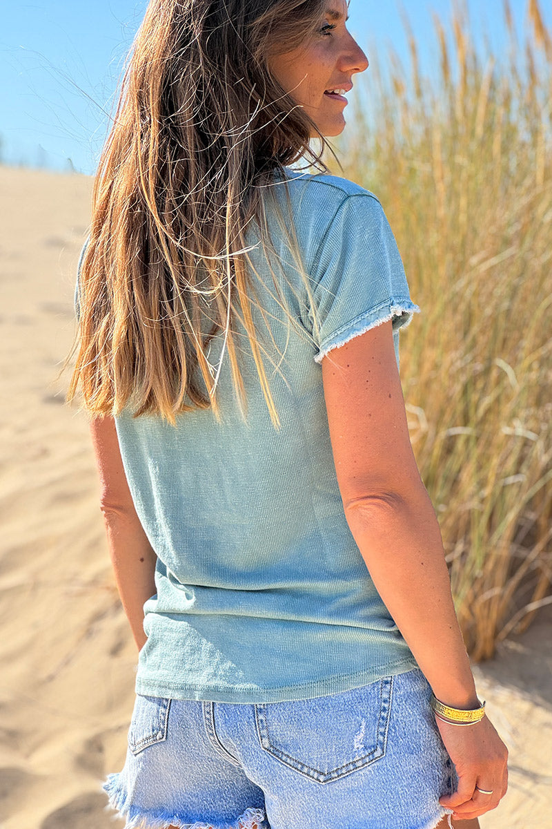 Tshirt coton stretch sauge finitions petites franges