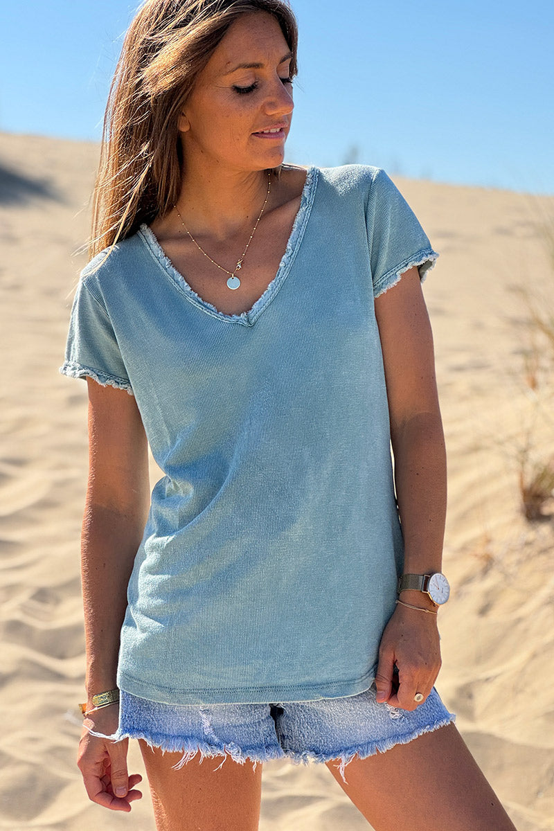 Tshirt coton stretch sauge finitions petites franges