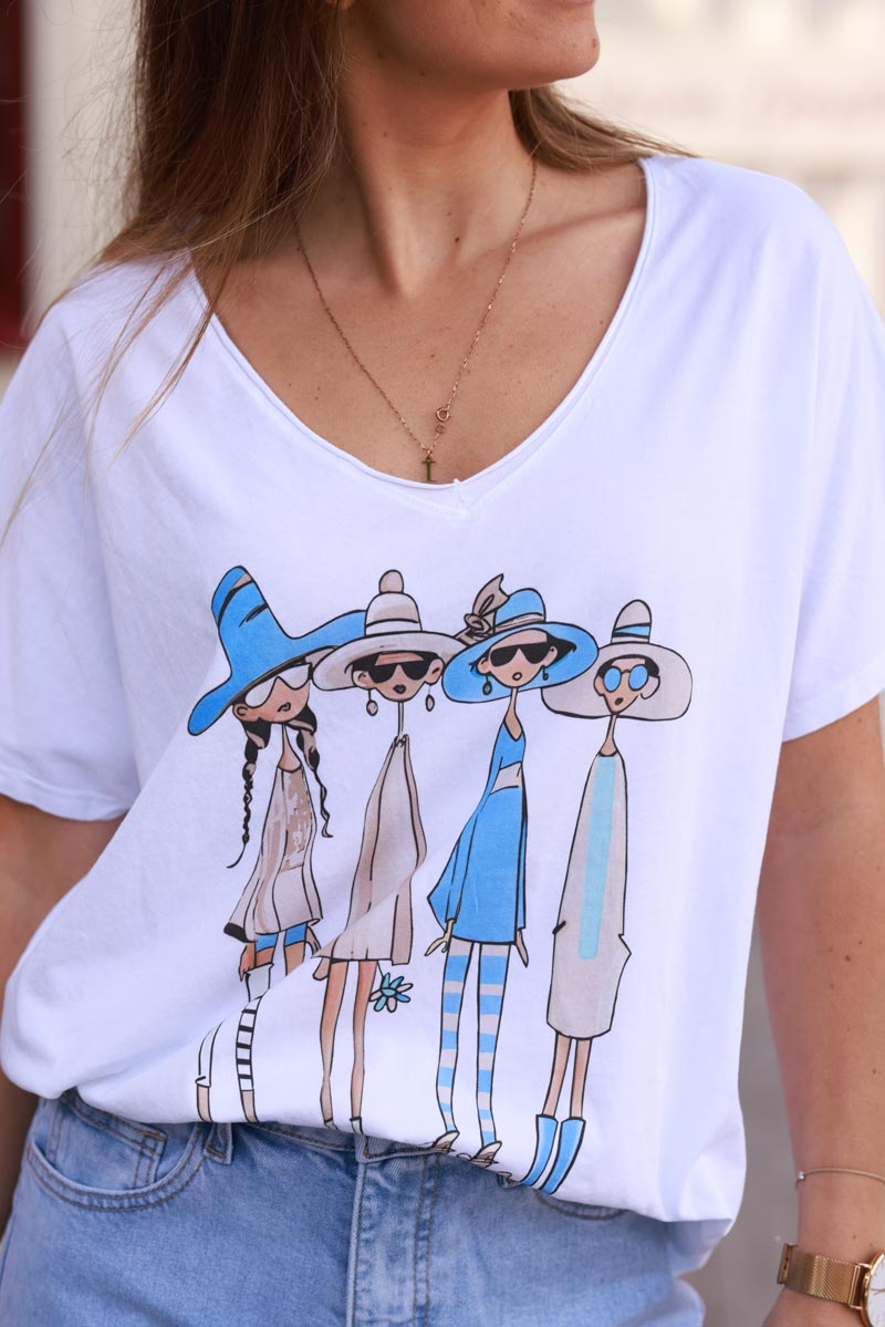 White Blue “Vacation Girlfriends” V-Neck Tee