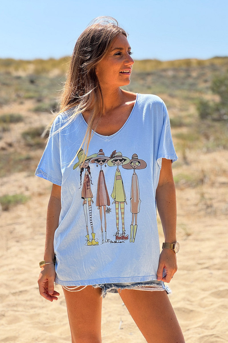 Camiseta holgada estampada de algodón azul con escote en V de moda para 4 niñas