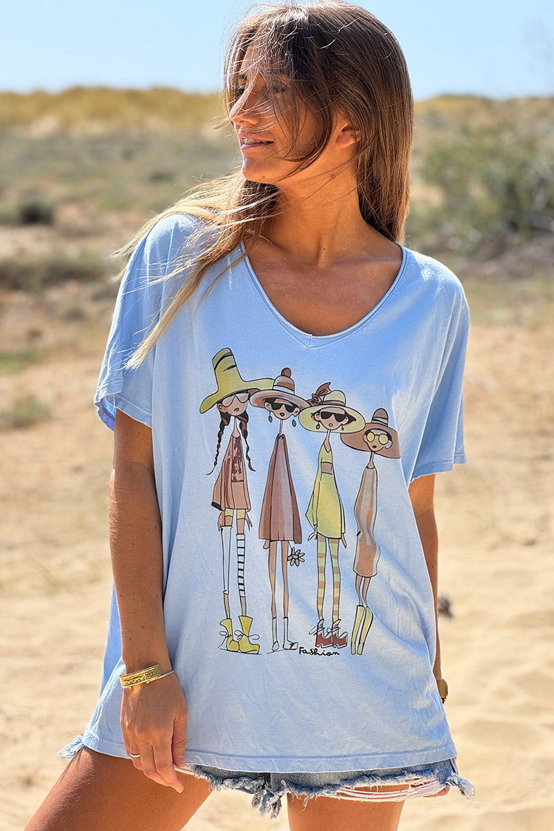 Camiseta holgada estampada de algodón azul con escote en V de moda para 4 niñas