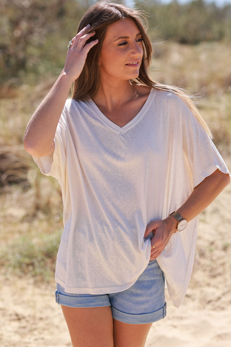 T-shirt écru souple large et loose manches courtes chauve souris