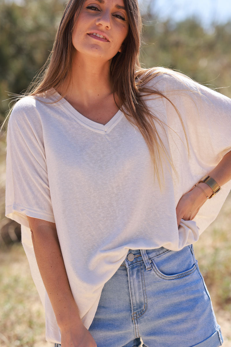 T-shirt écru souple large et loose manches courtes chauve souris