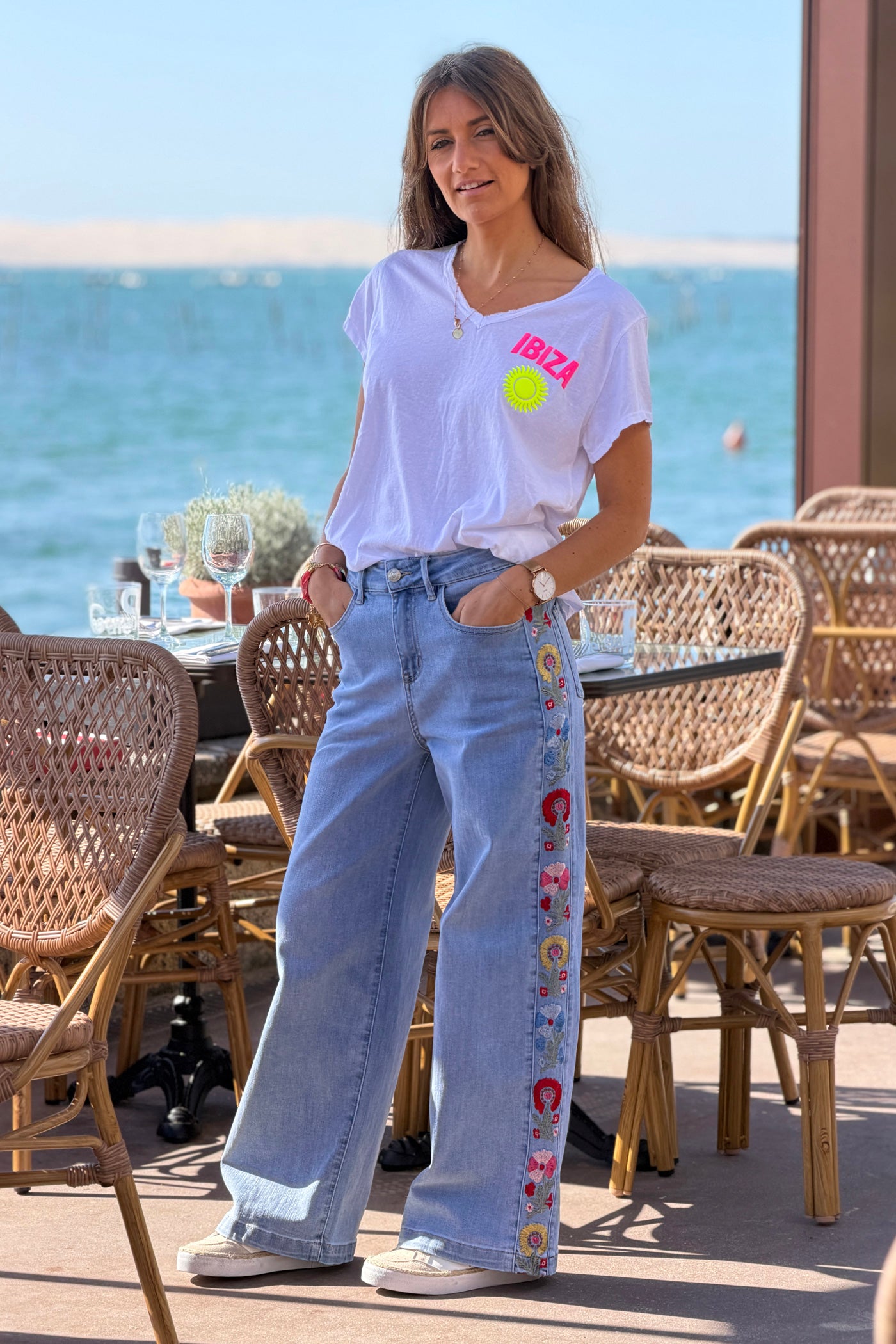 Tshirt en coton blanc Ibiza soleil sérigraphie puff relief