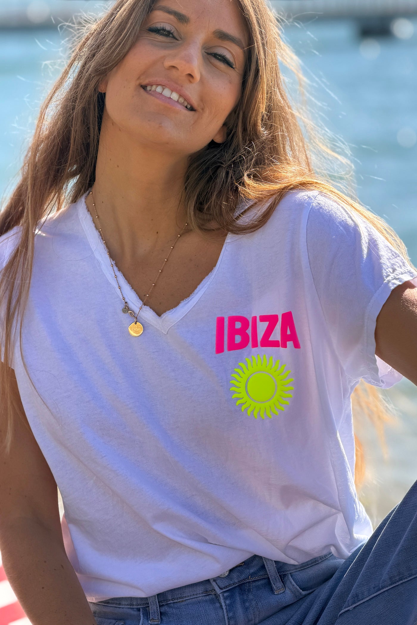 Tshirt en coton blanc Ibiza soleil sérigraphie puff relief