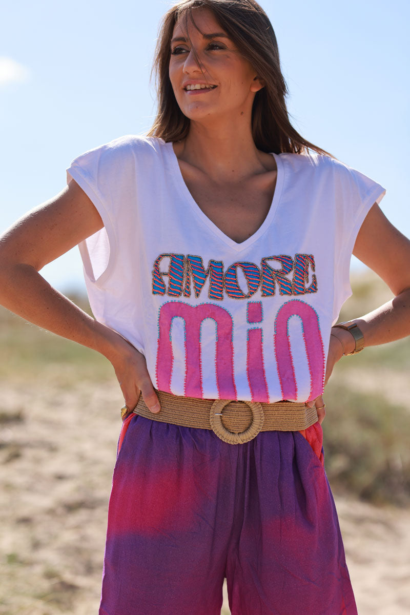 T-shirt en coton blanc broderie perles colorées AMORE MIO col v