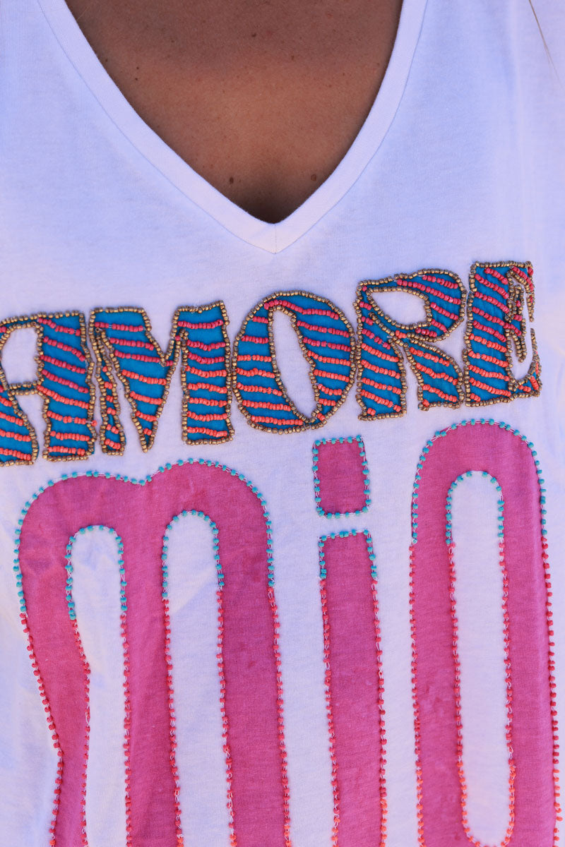 T-shirt en coton blanc broderie perles colorées AMORE MIO col v
