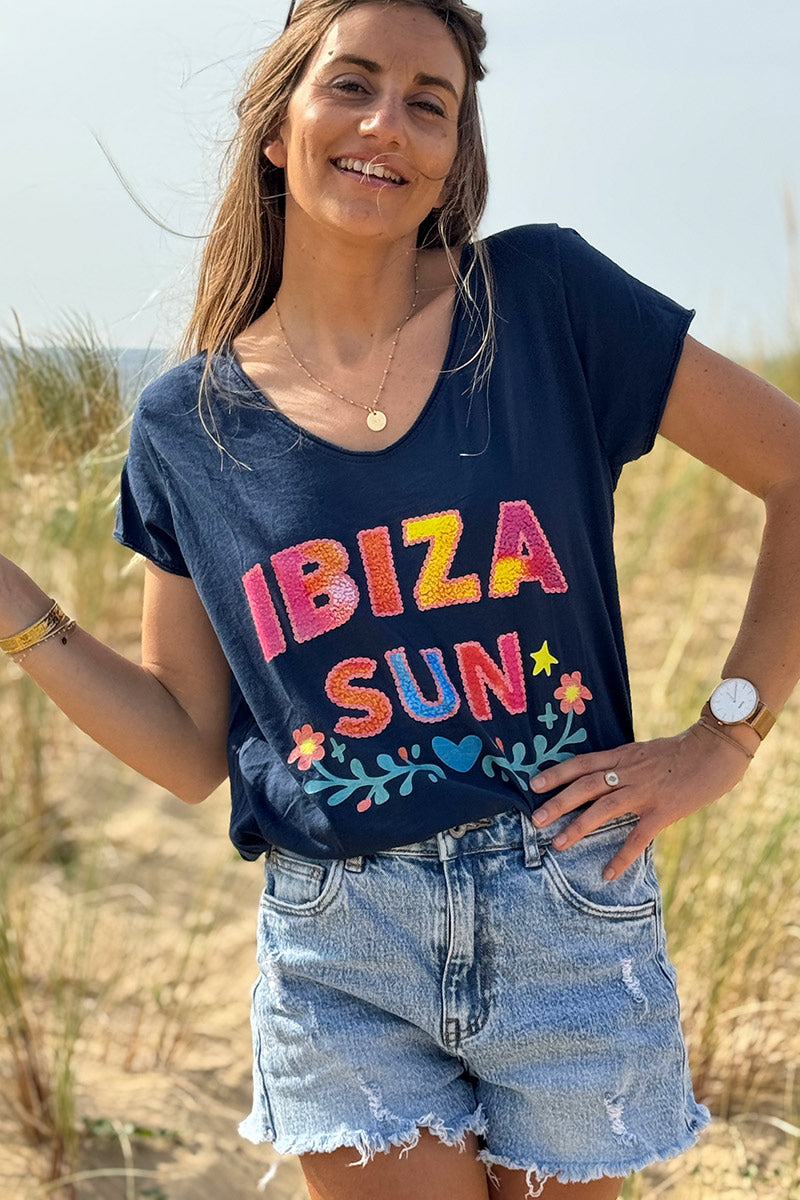 Navy Blue Ibiza Sun V-Neck Tee