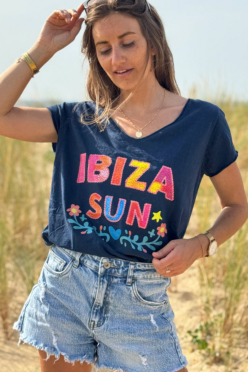 Navy Blue Ibiza Sun V-Neck Tee