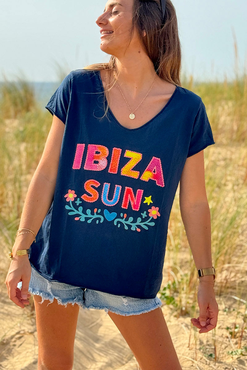 Navy Blue Ibiza Sun V-Neck Tee