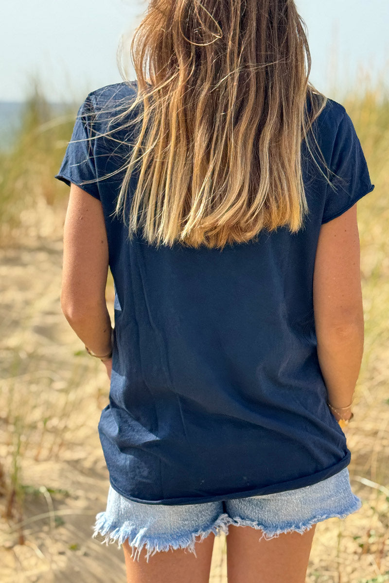 Navy Blue Ibiza Sun V-Neck Tee
