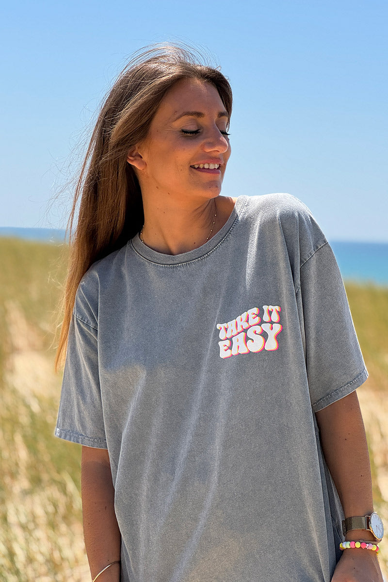 Tshirt en coton gris délavé Take it easy marguerite