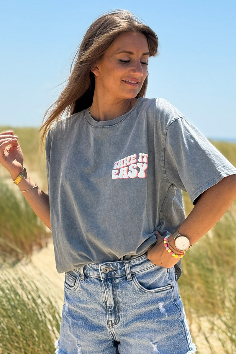 Tshirt en coton gris délavé Take it easy marguerite