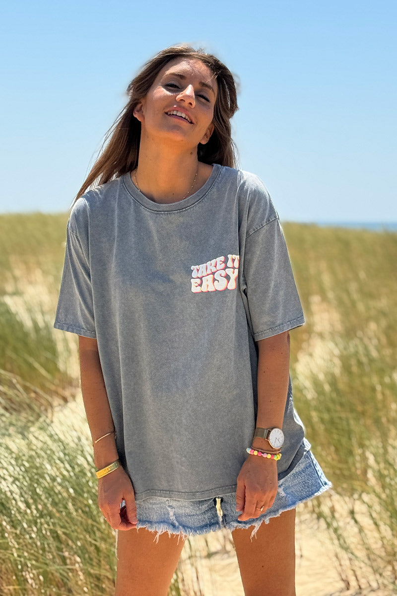 Tshirt en coton gris délavé Take it easy marguerite
