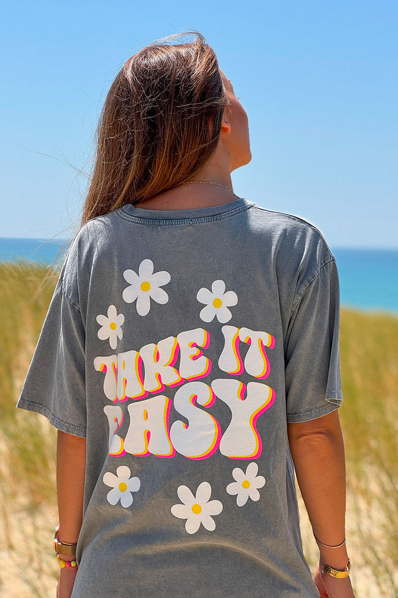 Tshirt en coton gris délavé Take it easy marguerite