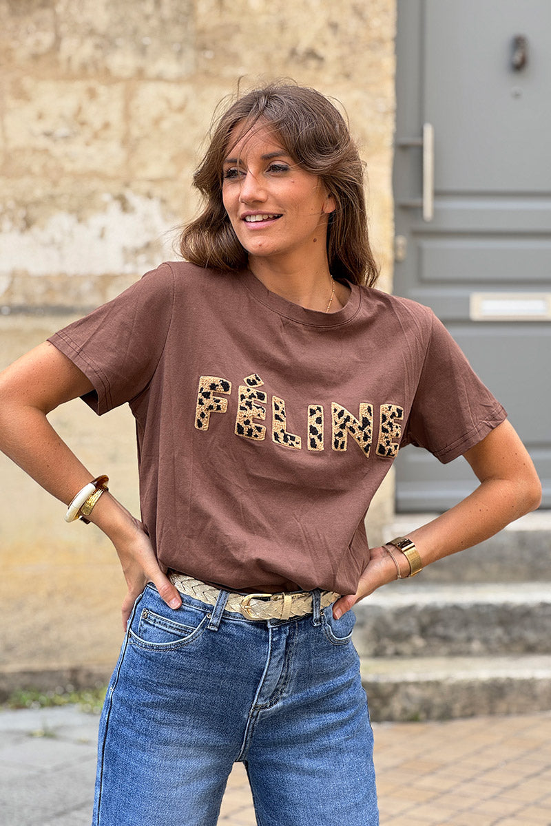 Tshirt en coton marron broderie bouclettes léopard Feline