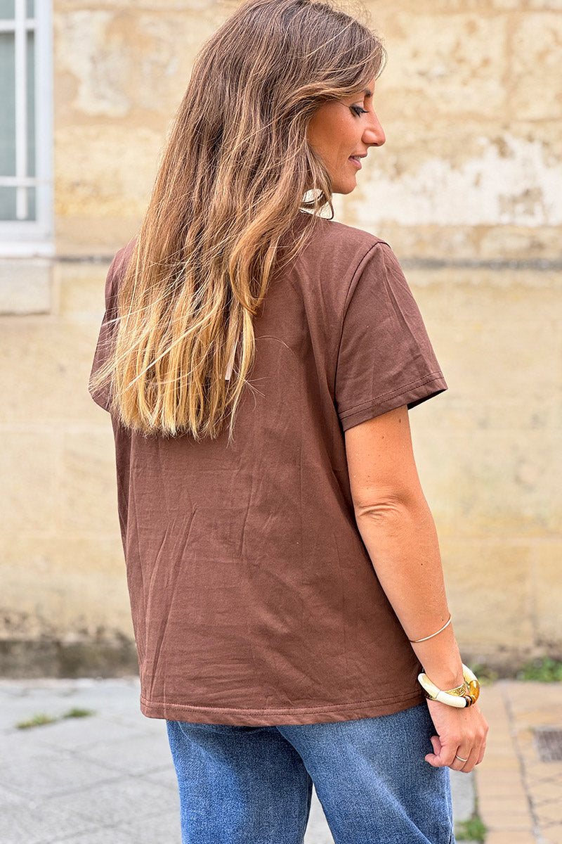 Tshirt en coton marron broderie bouclettes léopard Feline