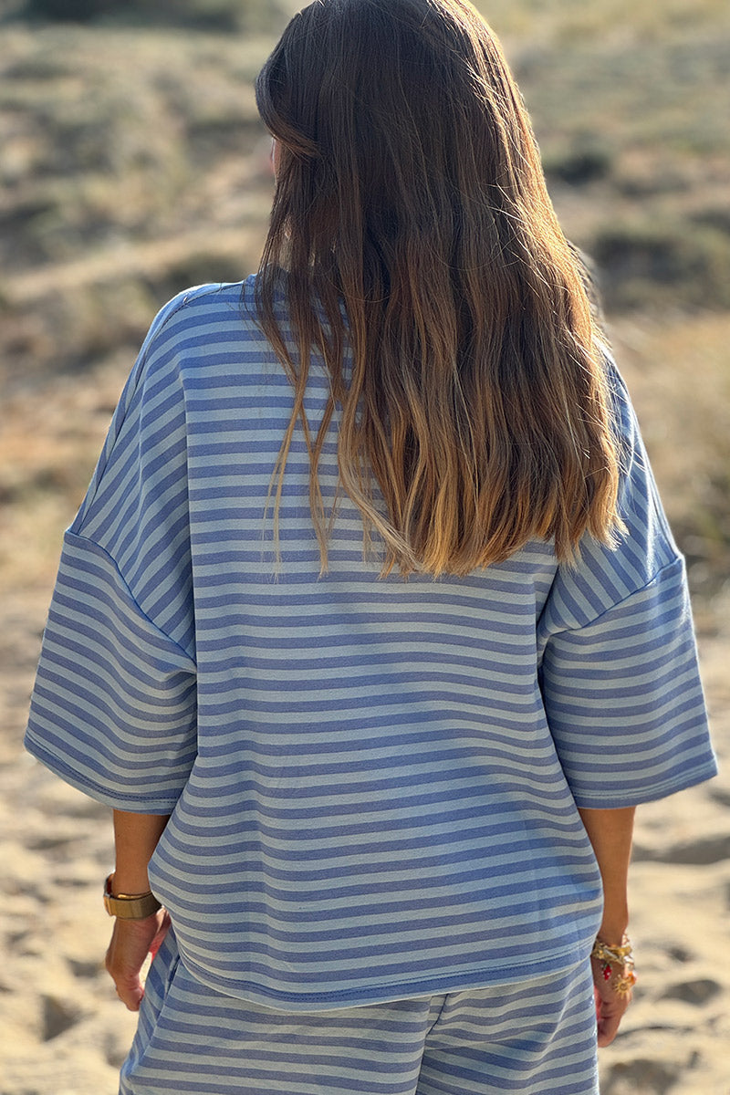 Blue Striped ¾-Sleeve Jersey Tshirt