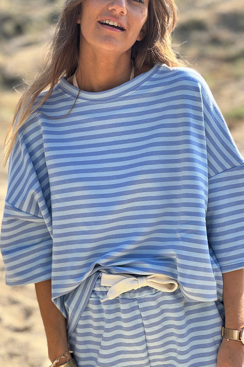 Blue Striped ¾-Sleeve Jersey Tshirt