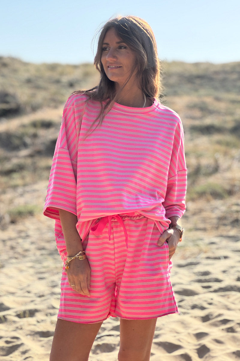 Hot Pink Striped ¾-Sleeve Jersey Tshirt