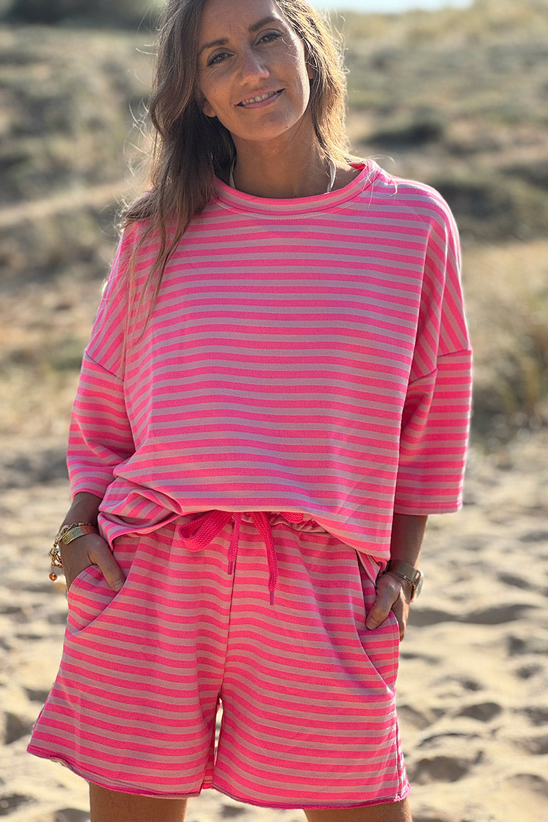 Hot Pink Striped ¾-Sleeve Jersey Tshirt