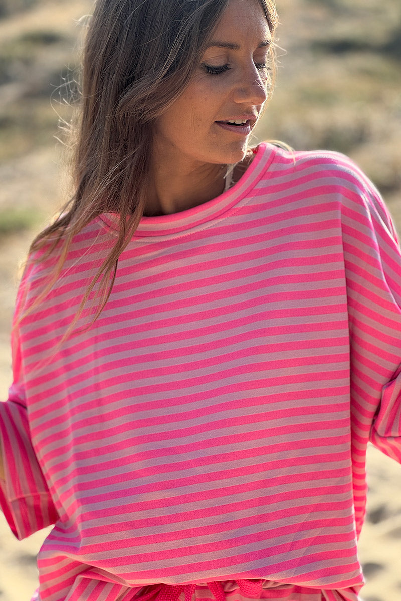 Hot Pink Striped ¾-Sleeve Jersey Tshirt