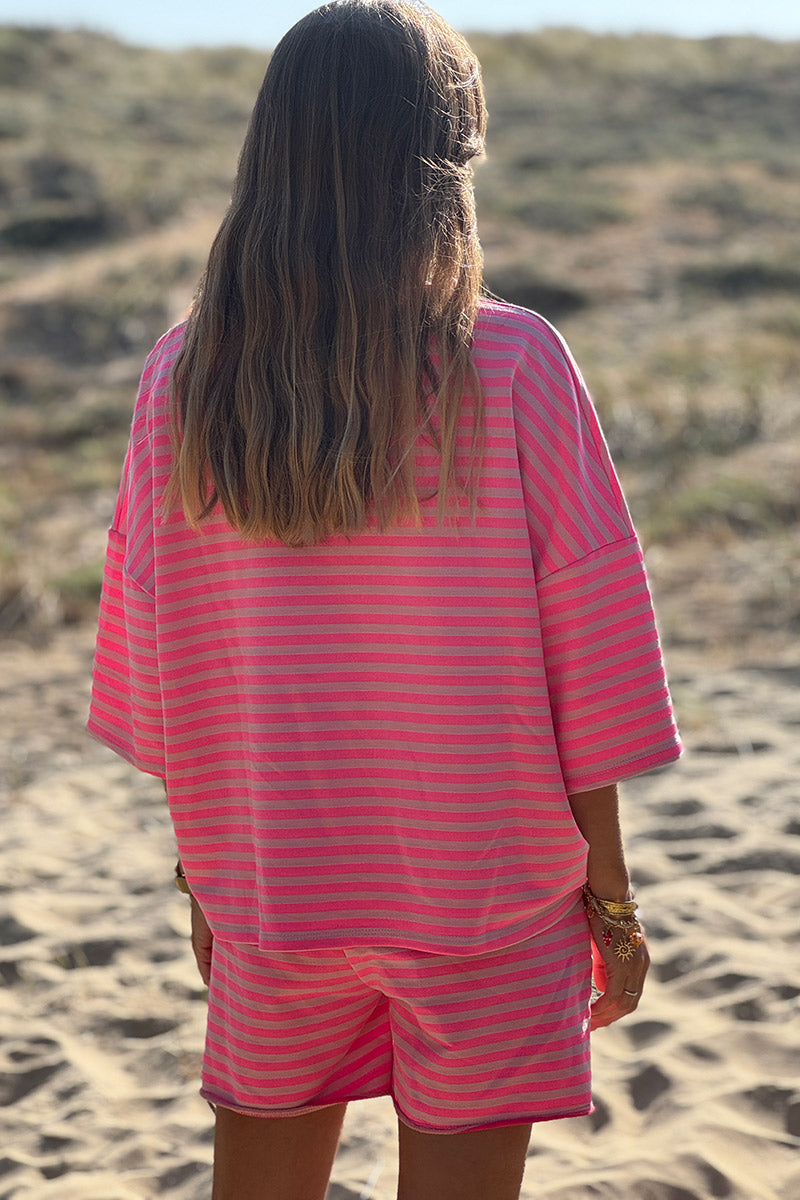 Hot Pink Striped ¾-Sleeve Jersey Tshirt