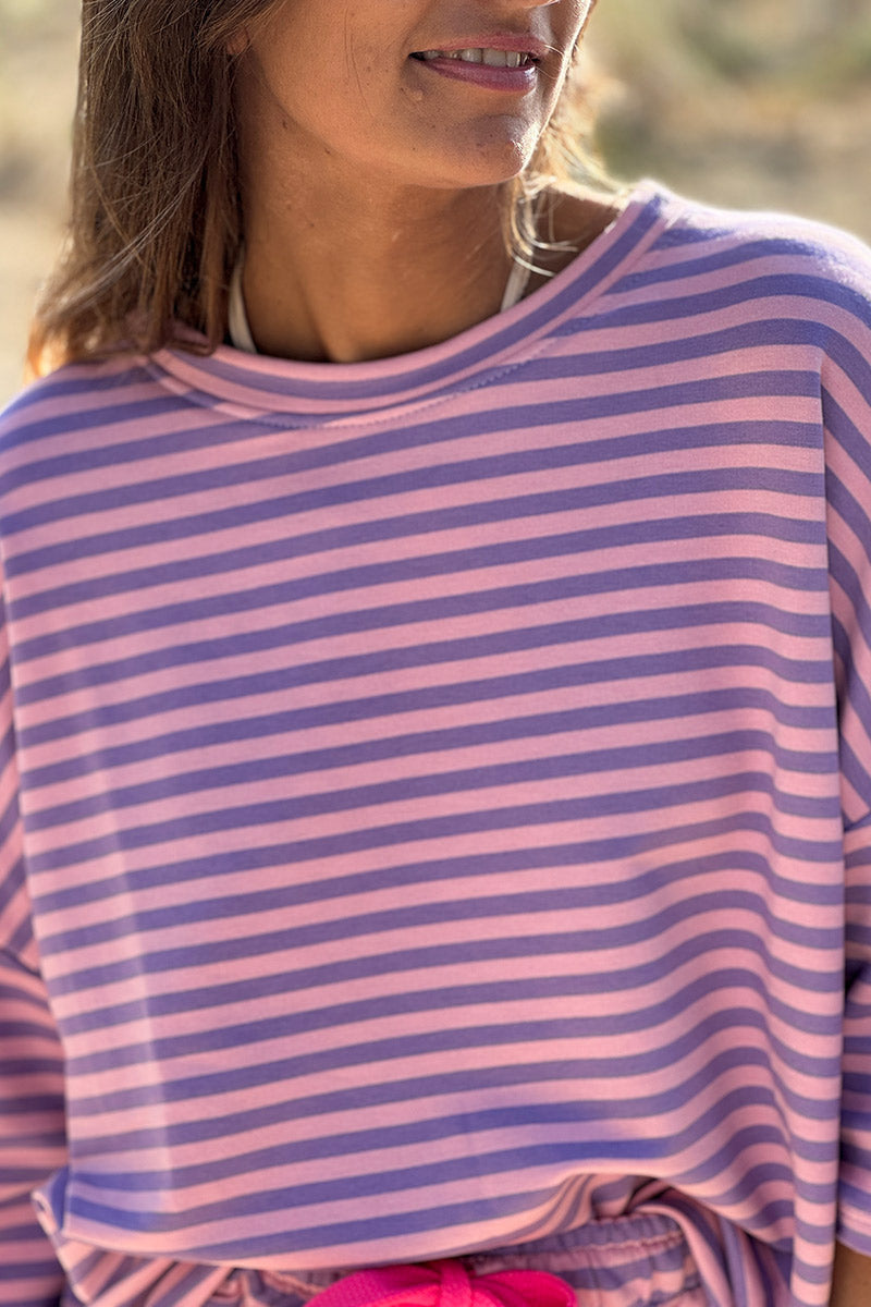 Tshirt en coton mélangé à rayures violettes col rond