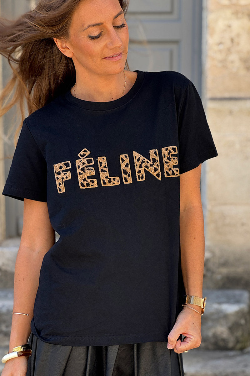 Black Feline Applique Cotton Tshirt