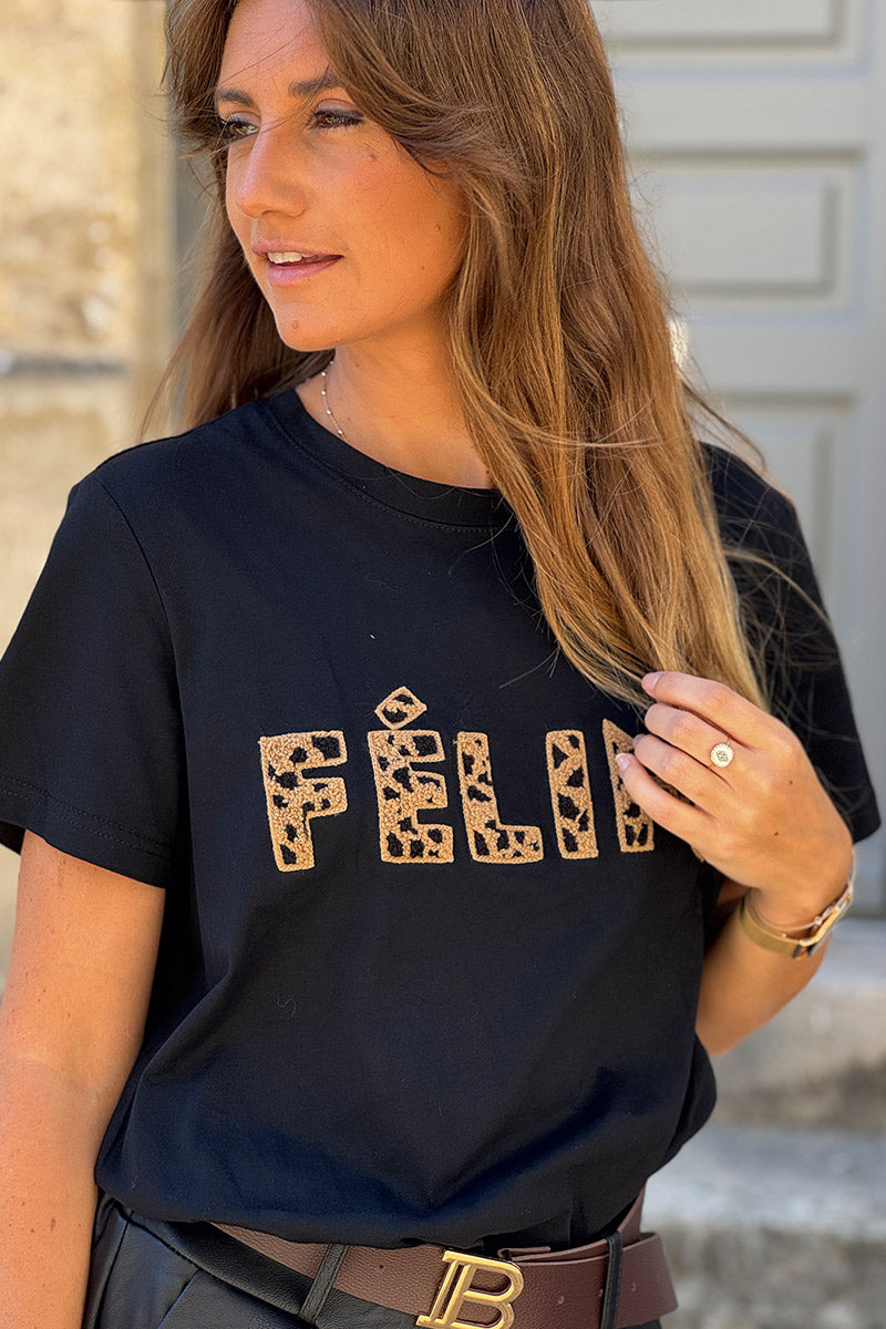 Black Feline Applique Cotton Tshirt