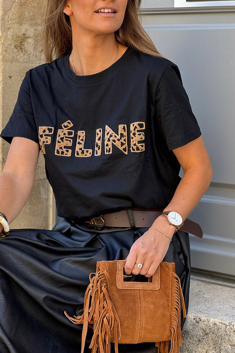 Black Feline Applique Cotton Tshirt