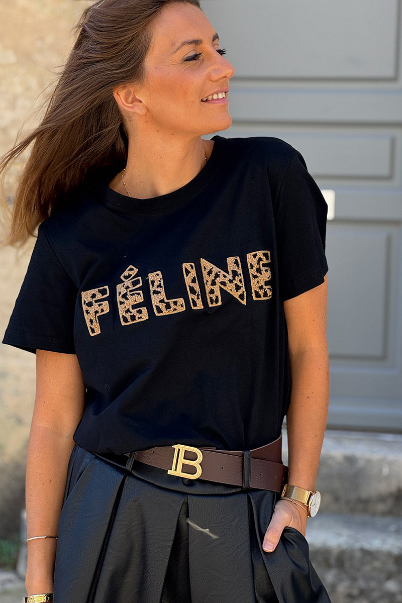 Black Feline Applique Cotton Tshirt