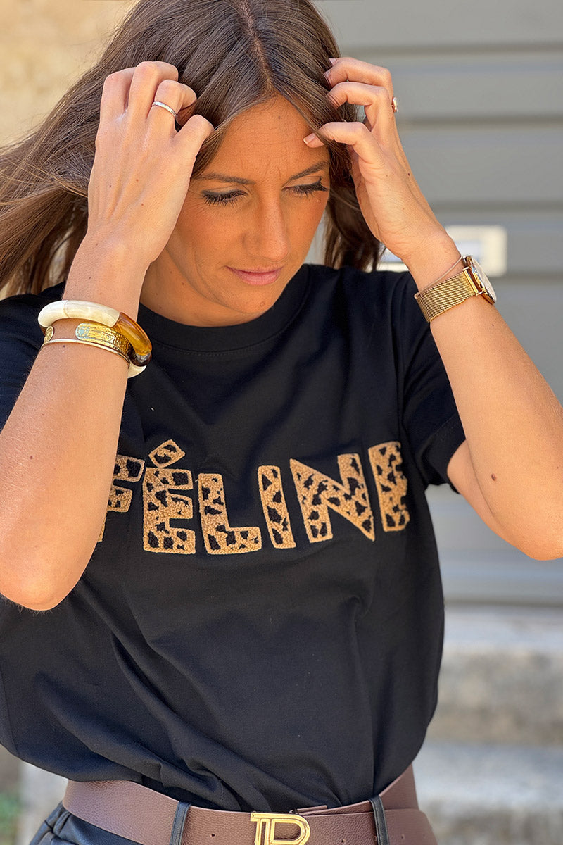 Black Feline Applique Cotton Tshirt