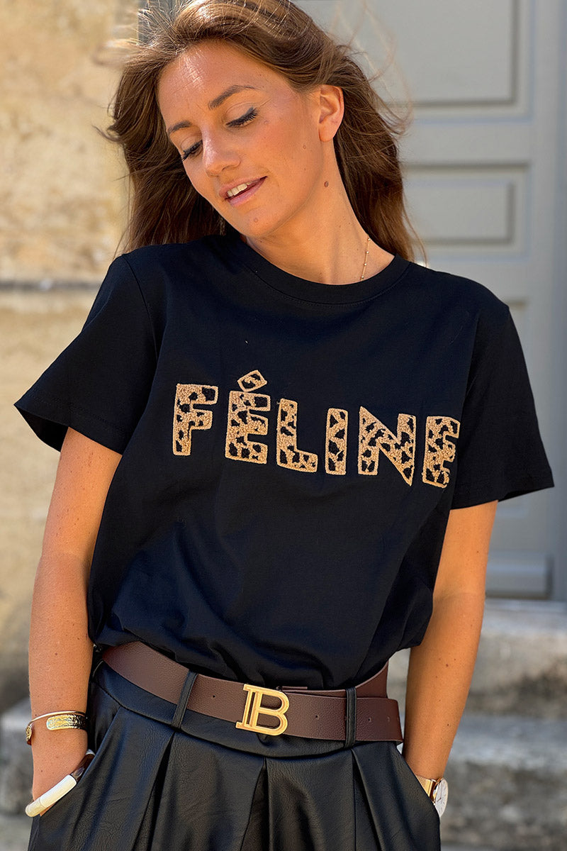 Black Feline Applique Cotton Tshirt