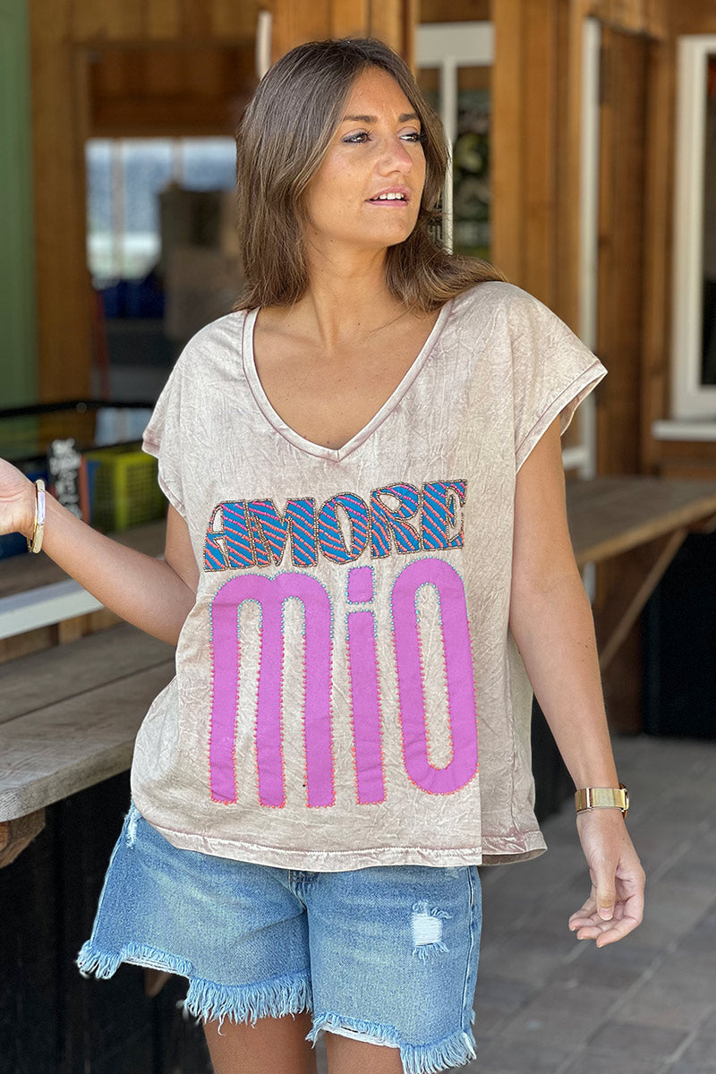 Washed Taupe “Amore Mio” Slouchy V-Neck Tee