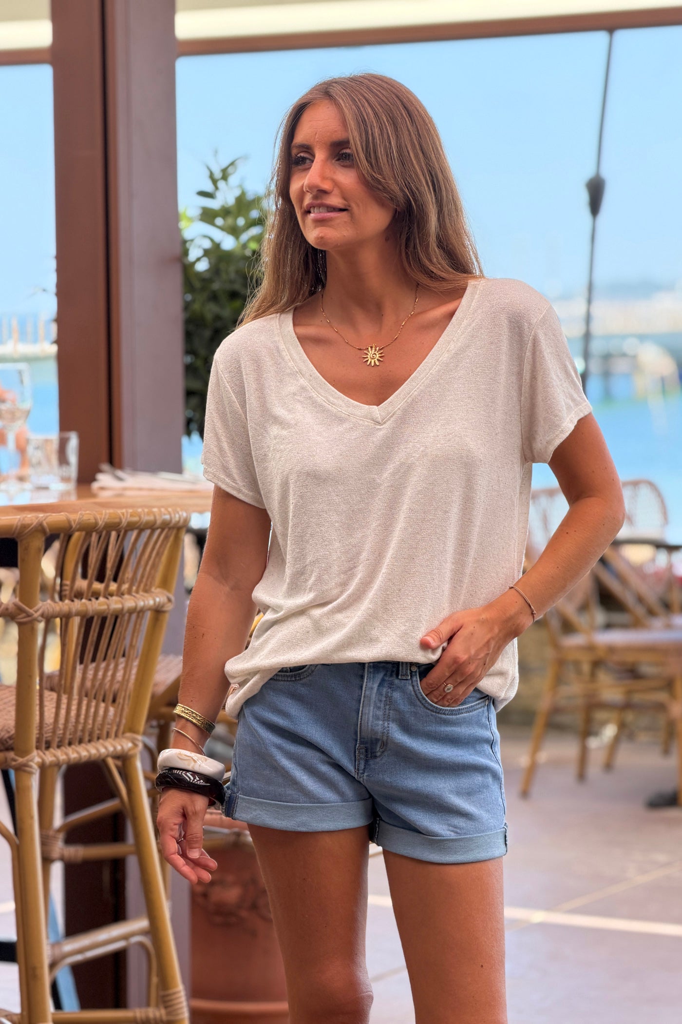 Tshirt en lin mélangé beige souple chiné col v