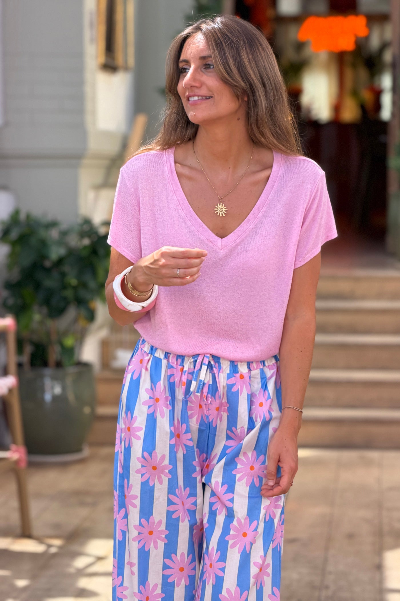 Tshirt en lin mélangé rose souple chiné col v