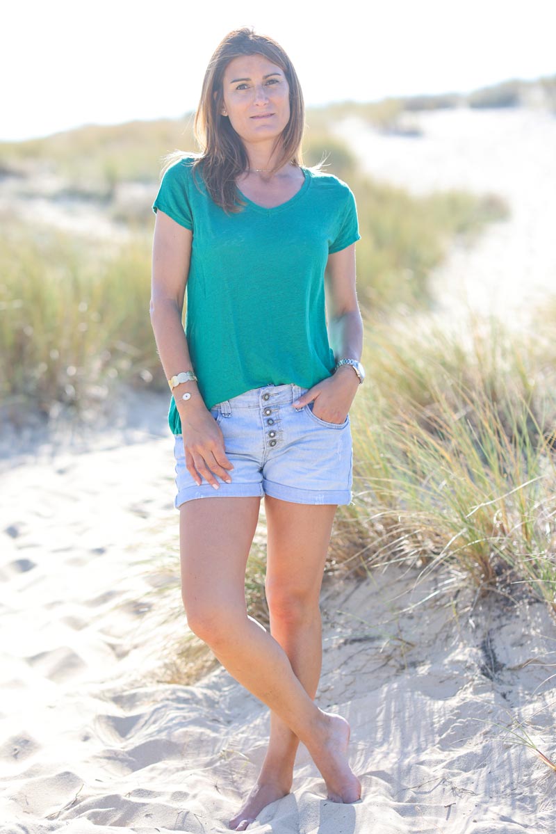 Tshirt en lin souple col v vert d129 (1)